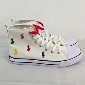 Polo Ralph Lauren Hamptyn Hi II Kids White Canvas Multi Pony High Top Sneaker 12